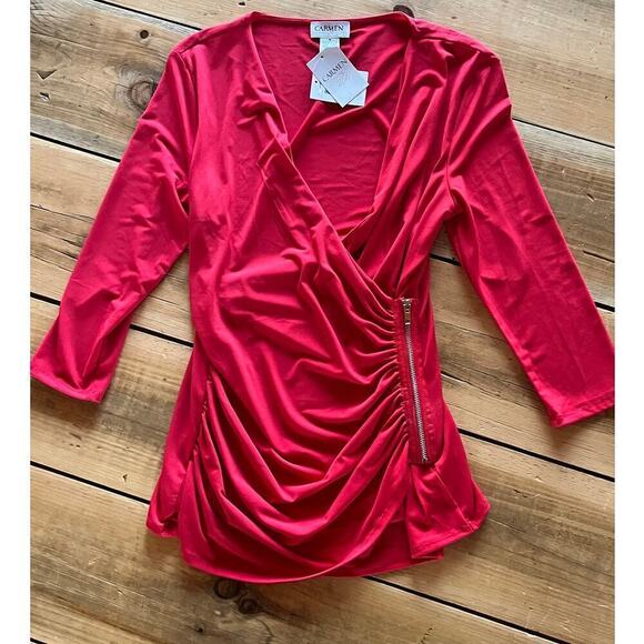 NWT! Carmen Marc Valvo Red Savannah Top blouse. Zipper Detail. Size Medium - Picture 4 of 7